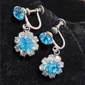 Vintage 1940s Sterling Silver Faux Diamond Blue Topaz 3/4" L Screw Back Earrings
